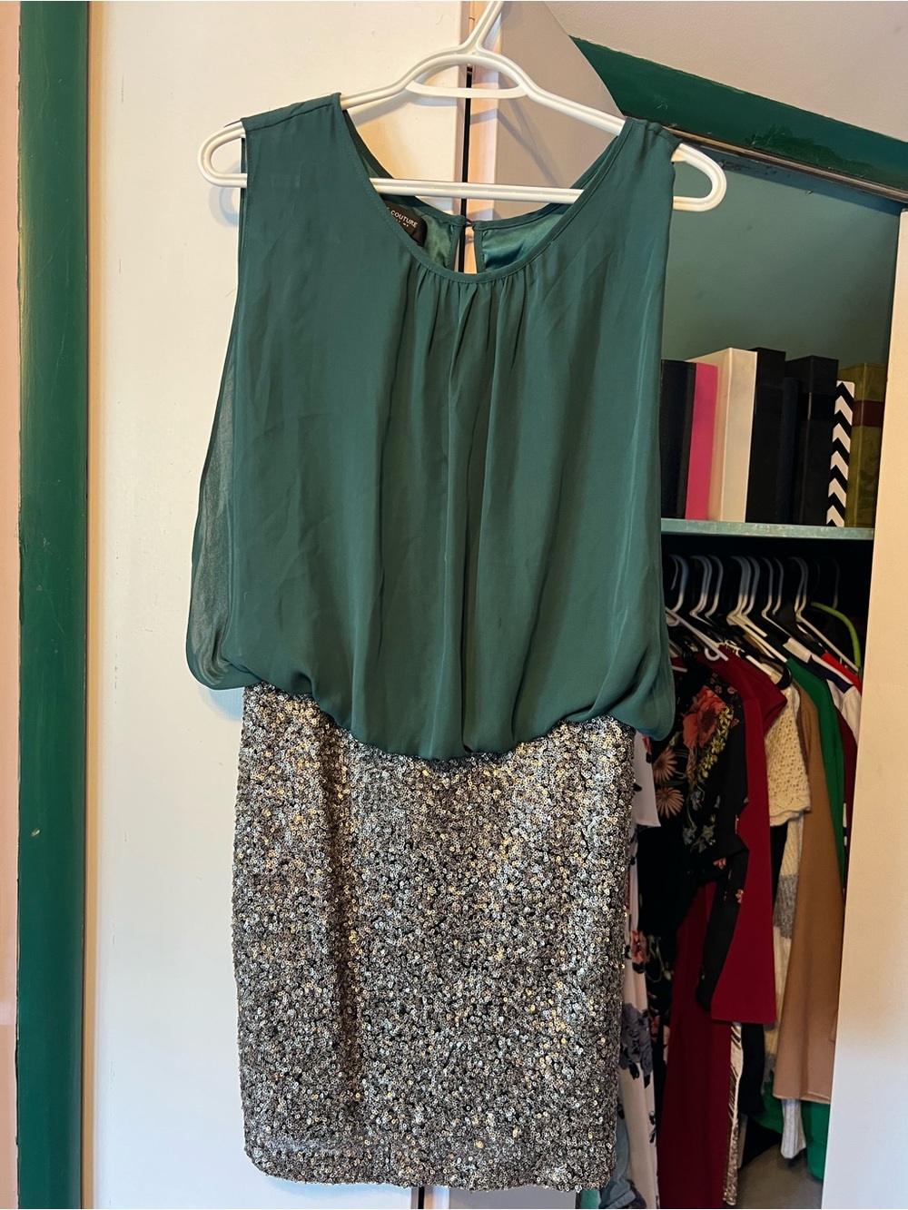 Miss Me Green Blouson Top with Silver Sequin Pencil Skirt